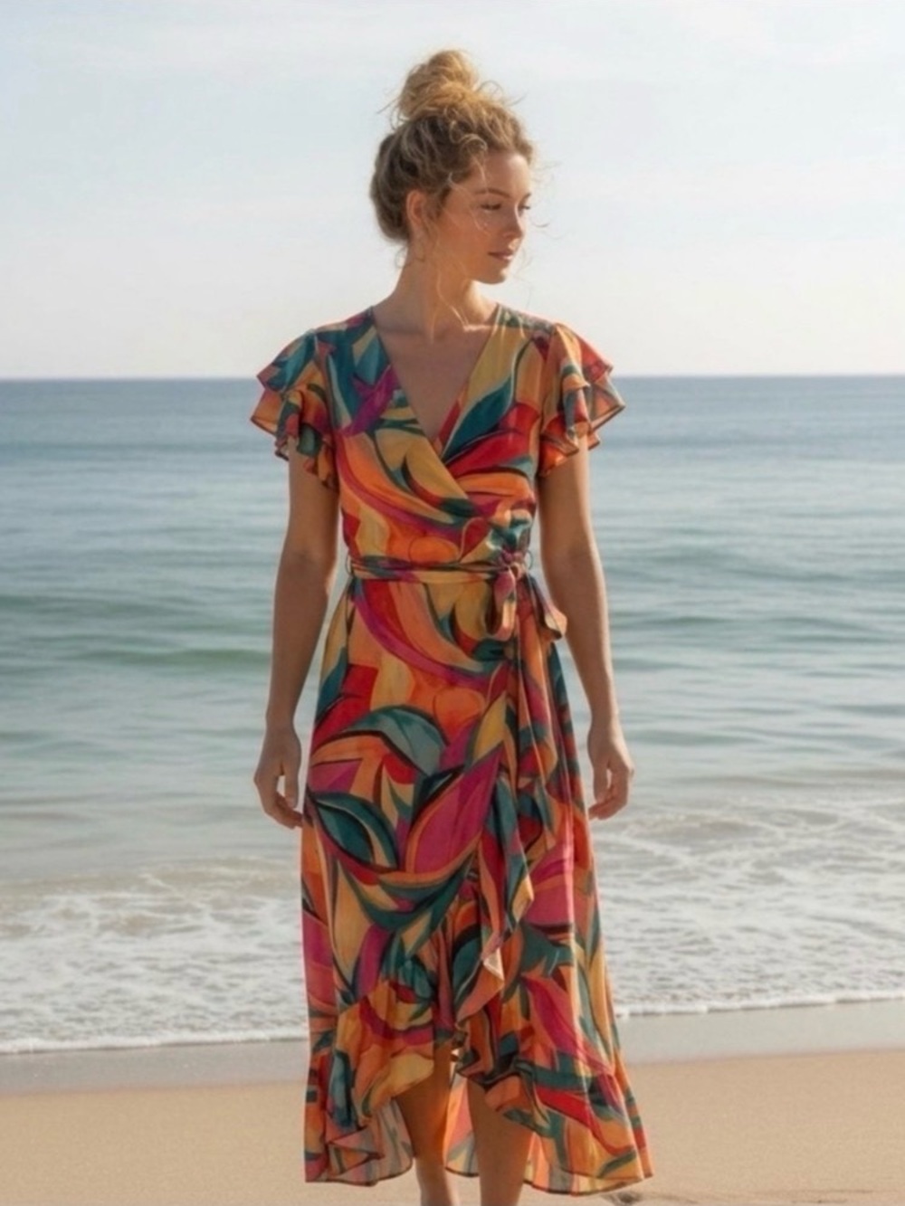 Tropical Wrap Midi Dress in Multi-Color